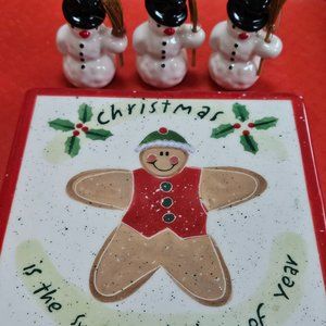 two vintage items 2003 Julie Ueland Christmas trivet& 3 cute snowmen